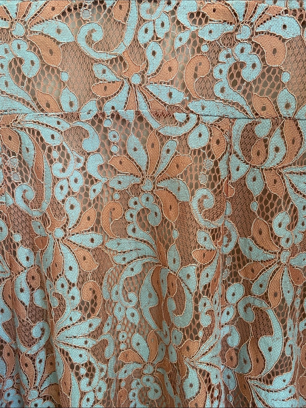 Women's Lace Overlay Fit-and-Flare Dress in Rust Orange and Light Blue - Picture 13 of 13